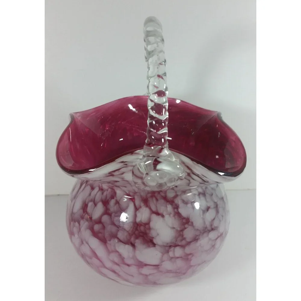 Vintage Pink Glass Basket 9in Vase Braided Handle Planter Trinkets Bride Basket